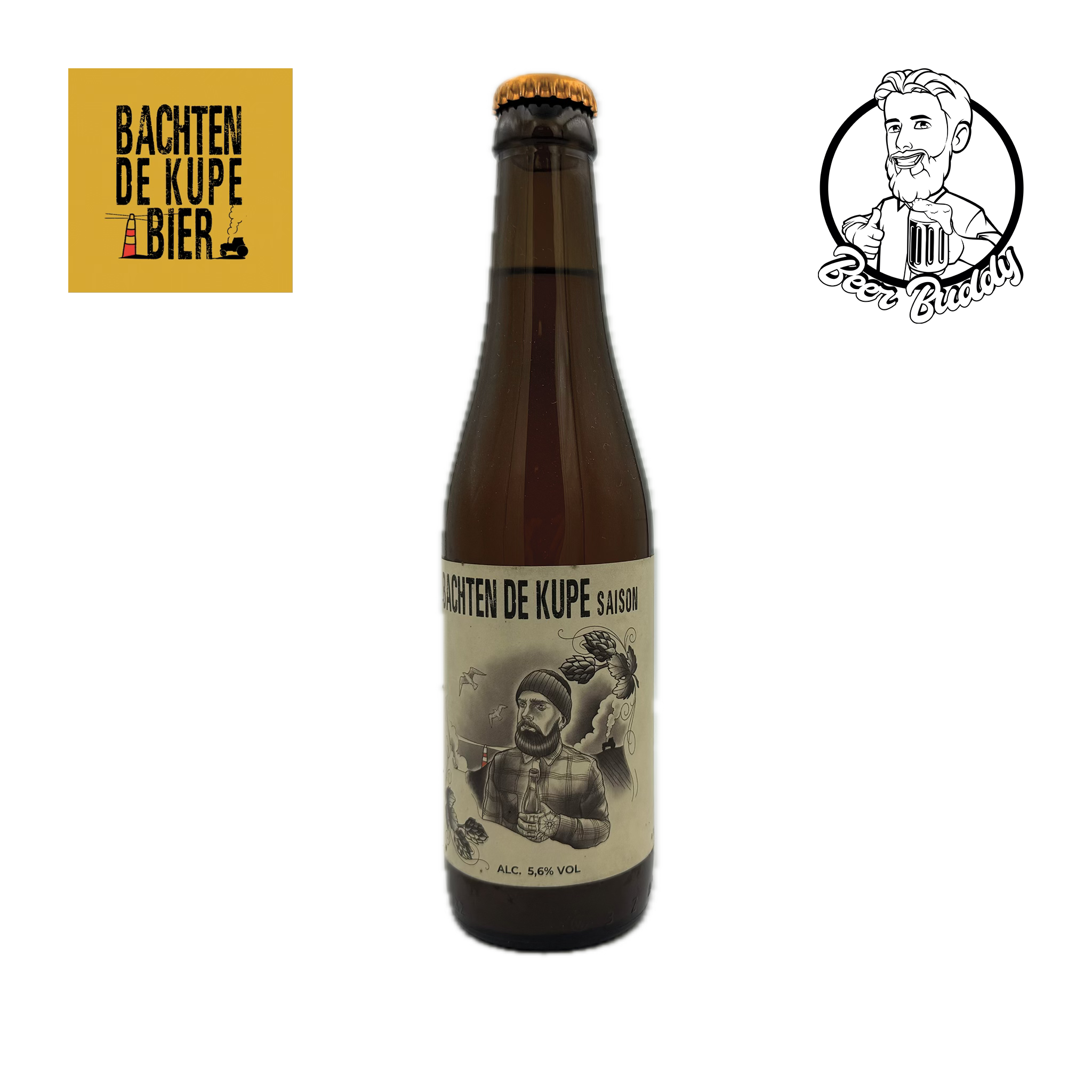 Een bruine glazen fles Bachten De Kupe Saison met een beige etiket met daarop een man met helm en een vogel. Het bier, gebrouwen door Bachten De Kupe Bier Compagnie, heeft een alcoholpercentage van 5%. Het Bachten De Kupe-logo verschijnt links boven de fles, wat zorgt voor een uitstekende dorstlesser.